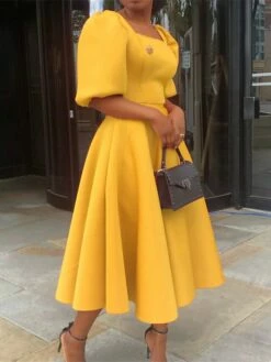 Women‘s Semi Formal Party Dress Wedding Guest Dress Satin Dress Swing Dress Midi Dress Yellow Blue Orange Half Sleeve Pure Color Ruched Winter Fall Square Neck 2023 S M L XL XXL 3XL -LIGHTINTHEBOX Shop lswdpl1660640930883