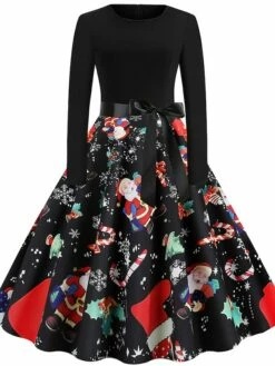 Women's Christmas Knee Length Dress Green White Black Rainbow Red Long Sleeve Print Snowflake Santa Claus Print Fall Winter Crew Neck Casual Vintage Party 2022 S M L XL XXL
