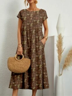 Women's Casual Dress Cotton Linen Dress Swing Dress Midi Dress Linen / Cotton Blend Fashion Casual Outdoor Daily Holiday Crew Neck Pocket Print Short Sleeve Summer Spring 2023 Loose Fit ArmyGreen -LIGHTINTHEBOX Shop ltejxv1689326968989