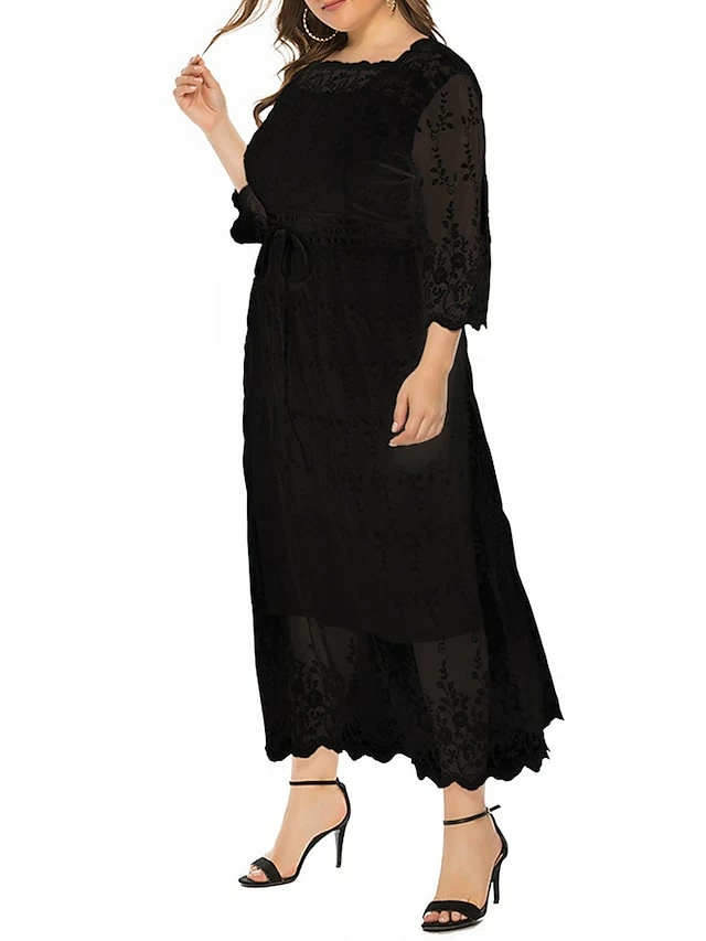 Women‘s Plus Size Curve Prom Dress Party Dress Lace Dress Long Dress Maxi Dress Black 3/4 Length Sleeve Pure Color Lace Summer Spring Fall Square Neck Fashion Winter Dress Birthday Evening 4 Women‘s Plus Size Curve Prom Dress Party Dress Lace Dress Long Dress Maxi Dress Black 3/4 Length Sleeve Pure Color Lace Summer Spring Fall Square Neck Fashion Winter Dress Birthday Evening - Image 2