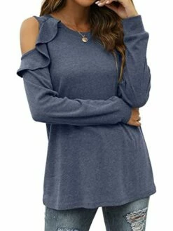 Shirt Blouse Women's Black Red Blue Solid / Plain Color Ruffle Cut Out Daily Fashion Round Neck Regular Fit S -LIGHTINTHEBOX Shop ltwplt1697799036363