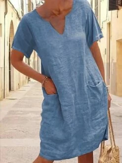 Women's Casual Dress Cotton Linen Dress Shift Dress Midi Dress Cotton Blend Basic Modern Outdoor Daily V Neck Pocket Short Sleeve Summer Spring 2023 Loose Fit Blue Plain S M L XL 2XL