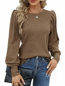 Shirt Blouse Women's Black Pink Blue Solid / Plain Color Puff Sleeve Daily Fashion Round Neck Regular Fit S