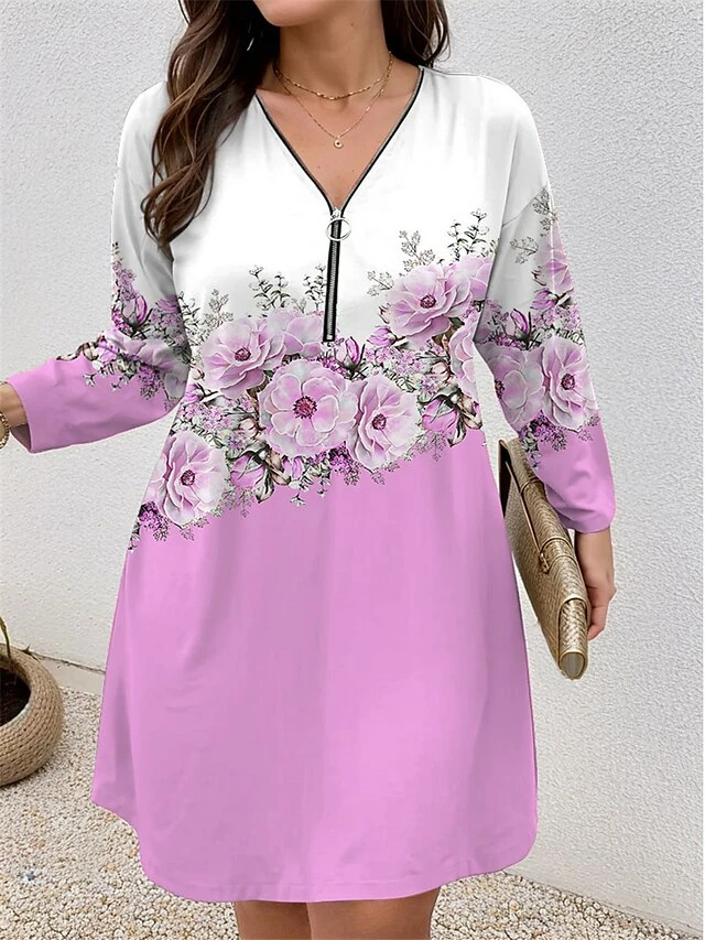 Women's Plus Size Curve Casual Dress Winter Dress Floral Gradient Mini Dress Long Sleeve Print V Neck Fashion Outdoor Yellow Pink Fall Winter L XL 2XL 3XL 4XL 4 Women's Plus Size Curve Casual Dress Winter Dress Floral Gradient Mini Dress Long Sleeve Print V Neck Fashion Outdoor Yellow Pink Fall Winter L XL 2XL 3XL 4XL - Image 2