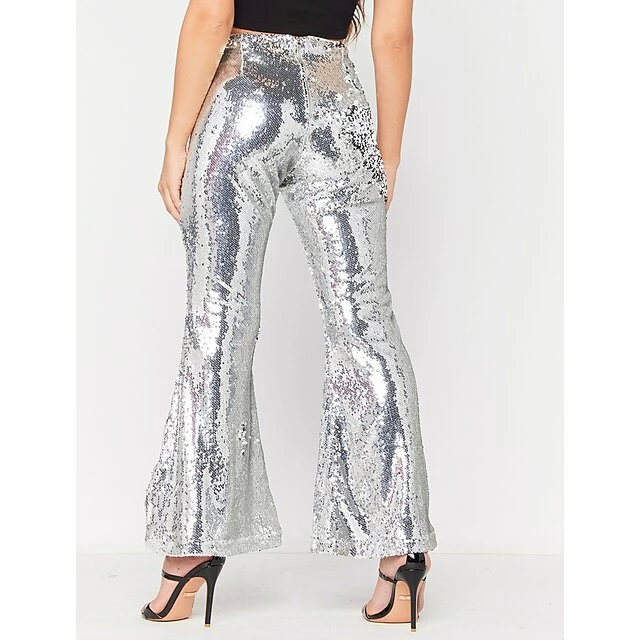 Women's Bootcut Flare Flared Pants Bell Bottom Silver Black Mid Waist Fashion Party Casual Weekend Sequins Micro-elastic Ankle-Length Comfort Plain S M L XL XXL 6 Women's Bootcut Flare Flared Pants Bell Bottom Silver Black Mid Waist Fashion Party Casual Weekend Sequins Micro-elastic Ankle-Length Comfort Plain S M L XL XXL - Image 4