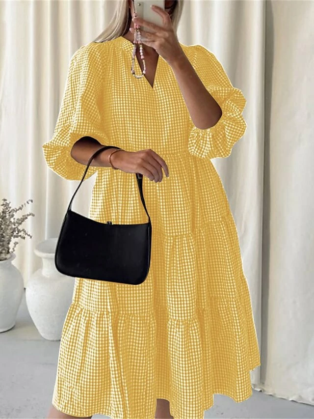 Women's Casual Dress Cotton Dress Midi Dress Cotton Basic Classic Outdoor Daily Vacation V Neck Print Long Sleeve Spring Fall Winter 2023 Loose Fit Black Yellow Red Plaid S M L XL 2XL 5 Women's Casual Dress Cotton Dress Midi Dress Cotton Basic Classic Outdoor Daily Vacation V Neck Print Long Sleeve Spring Fall Winter 2023 Loose Fit Black Yellow Red Plaid S M L XL 2XL - Image 3