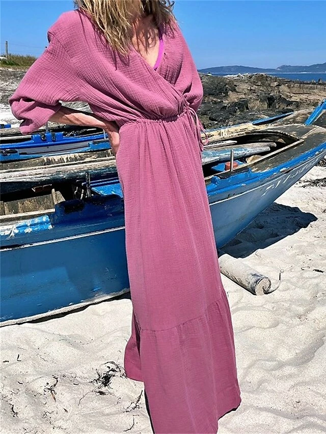 Women's Casual Dress Cotton Linen Dress Wrap Dress Maxi Long Dress Polyester Fashion Classic Outdoor Daily Holiday V Neck Ruffle Cut Out Long Sleeve Summer Spring Fall 2023 Loose Fit Brown Green Rose 8 Women's Casual Dress Cotton Linen Dress Wrap Dress Maxi Long Dress Polyester Fashion Classic Outdoor Daily Holiday V Neck Ruffle Cut Out Long Sleeve Summer Spring Fall 2023 Loose Fit Brown Green Rose - Image 6
