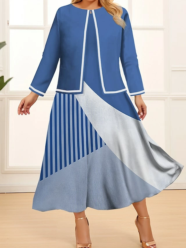Women's Plus Size Curve Two Piece Dress Set Casual Dress Swing Dress Outdoor Office Fashion Streetwear Print Midi Dress Crew Neck Long Sleeve Geometric Color Block Wine Blue Khaki Spring Fall L 6 Women's Plus Size Curve Two Piece Dress Set Casual Dress Swing Dress Outdoor Office Fashion Streetwear Print Midi Dress Crew Neck Long Sleeve Geometric Color Block Wine Blue Khaki Spring Fall L - Image 4