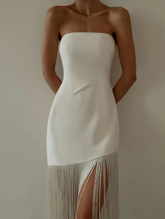 Women's Fringe Dress Bodycon Midi Dress White Black Sleeveless Pure Color Backless Tassel Fringe Spring Summer Strapless Stylish Elegant Sexy Slim 2022 S M L / Party Dress 3 Women's Fringe Dress Bodycon Midi Dress White Black Sleeveless Pure Color Backless Tassel Fringe Spring Summer Strapless Stylish Elegant Sexy Slim 2022 S M L / Party Dress