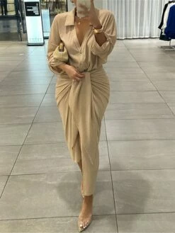 Women's Two Piece Dress Set Party Dress Skirt Set Party Wedding Guest Fashion Party Ruched Long Dress Maxi Dress Shirt Collar Long Sleeve Plain Regular Fit Khaki Fall Winter S M L XL