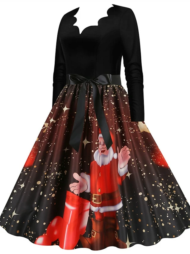 Women's Christmas Party Dress Swing DressKnee Length Dress Green Purple Wine Red Black Long Sleeve Santa Claus Elk Snowman Print Fall Winter V Neck Vintage Party Elegant Party 2022 S M L XL XXL 3XL 11 Women's Christmas Party Dress Swing DressKnee Length Dress Green Purple Wine Red Black Long Sleeve Santa Claus Elk Snowman Print Fall Winter V Neck Vintage Party Elegant Party 2022 S M L XL XXL 3XL - Image 9