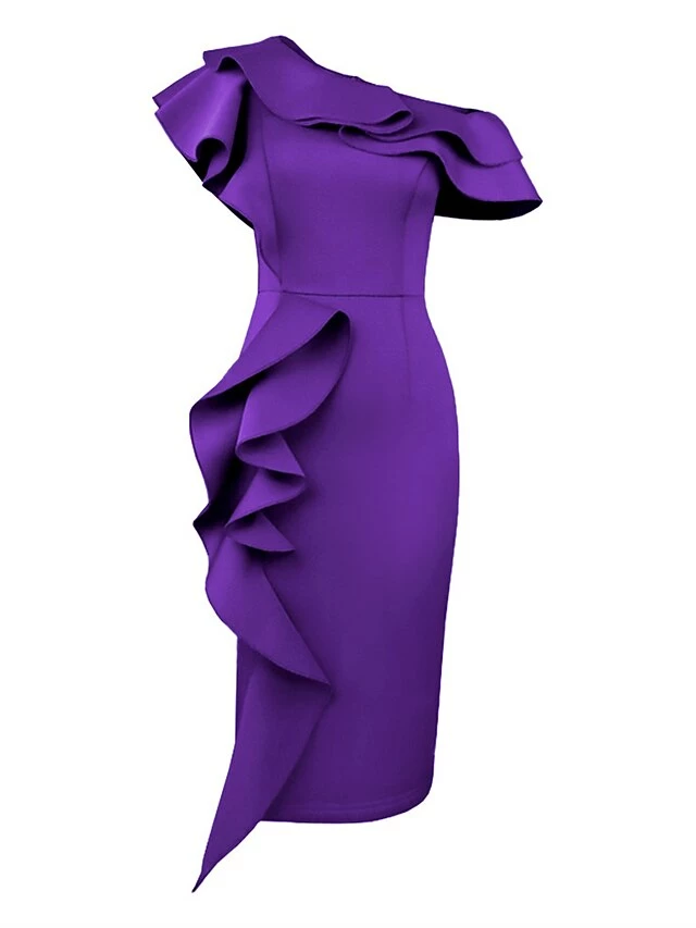 Women's Party Dress Cocktail Dress Bodycon Midi Dress Purple Short Sleeve Pure Color Ruffle Spring Fall Winter Off Shoulder Fashion Birthday Wedding Guest Vacation 2023 S M L XL XXL 3XL 4XL 4 Women's Party Dress Cocktail Dress Bodycon Midi Dress Purple Short Sleeve Pure Color Ruffle Spring Fall Winter Off Shoulder Fashion Birthday Wedding Guest Vacation 2023 S M L XL XXL 3XL 4XL - Image 2