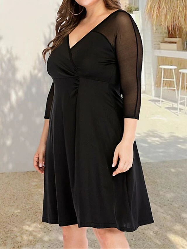 Women's Plus Size Curve Casual Dress Winter Dress Sheath Dress Plain Midi Dress Long Sleeve Ruched Mesh V Neck Fashion Outdoor Black Fall Winter XL XXL 3XL 4XL 5XL 4 Women's Plus Size Curve Casual Dress Winter Dress Sheath Dress Plain Midi Dress Long Sleeve Ruched Mesh V Neck Fashion Outdoor Black Fall Winter XL XXL 3XL 4XL 5XL - Image 2
