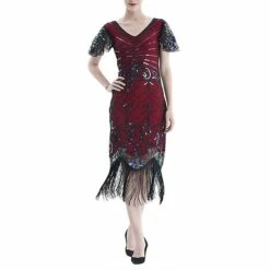 Women's Retro 1920s Fringe Dress Midi Dress Party Halloween Sequins Tassel Fringe Floral V Neck Short Sleeve Regular Fit Spring Fall 2023 Black Red S M L XL