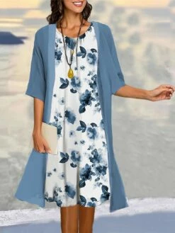 Women's Two Piece Dress Set Casual Dress Print Dress Outdoor Daily Fashion Elegant Print Midi Dress Crew Neck 3/4 Length Sleeve Floral Regular Fit Black Yellow Red Summer Spring S M L XL XXL