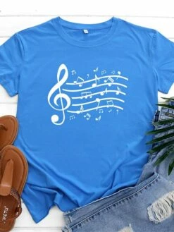 Women's T Shirt Tee 100% Cotton Black White Light Green Music Print Short Sleeve Daily Weekend Basic Round Neck Regular Fit -LIGHTINTHEBOX Shop mawznp1646893747846