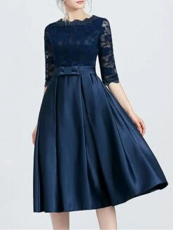 Women‘s Party Dress Wedding Guest Dress Lace Dress Swing Dress Midi Dress Navy Blue 3/4 Length Sleeve Pure Color Lace Winter Fall Spring Crew Neck Fashion Party Spring Dress 2023 XS S M L XL XXL 3XL -LIGHTINTHEBOX Shop mbuctl1672050518373