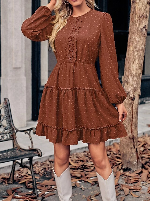 Women's Work Dress Casual Dress Fashion Winter Dress Daily Mini Dress Ruched Ruffle Crew Neck Long Sleeve Plain Loose Fit Brown Army Green Apricot Fall Winter S M L XL 6 Women's Work Dress Casual Dress Fashion Winter Dress Daily Mini Dress Ruched Ruffle Crew Neck Long Sleeve Plain Loose Fit Brown Army Green Apricot Fall Winter S M L XL - Image 4