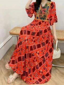 Women's Casual Dress Ethnic Dress Swing Dress Floral Color Block Patchwork Embroidered V Neck Long Dress Maxi Dress Vintage Ethnic Outdoor Street 3/4 Length Sleeve Loose Fit Yellow Red Royal Blue Fall