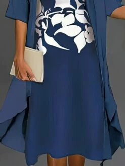 Women's Two Piece Dress Set Casual Dress Chiffon Dress Outdoor Daily Fashion Streetwear Print Midi Dress Crew Neck Half Sleeve Floral Regular Fit Dark Blue Fall Winter S M L XL XXL -LIGHTINTHEBOX Shop mdwfib1695364089713