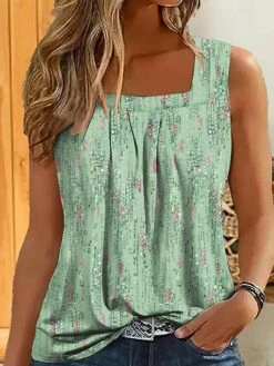 Women's Tank Top Green Graphic Print Sleeveless Casual Basic Square Neck Regular Fit