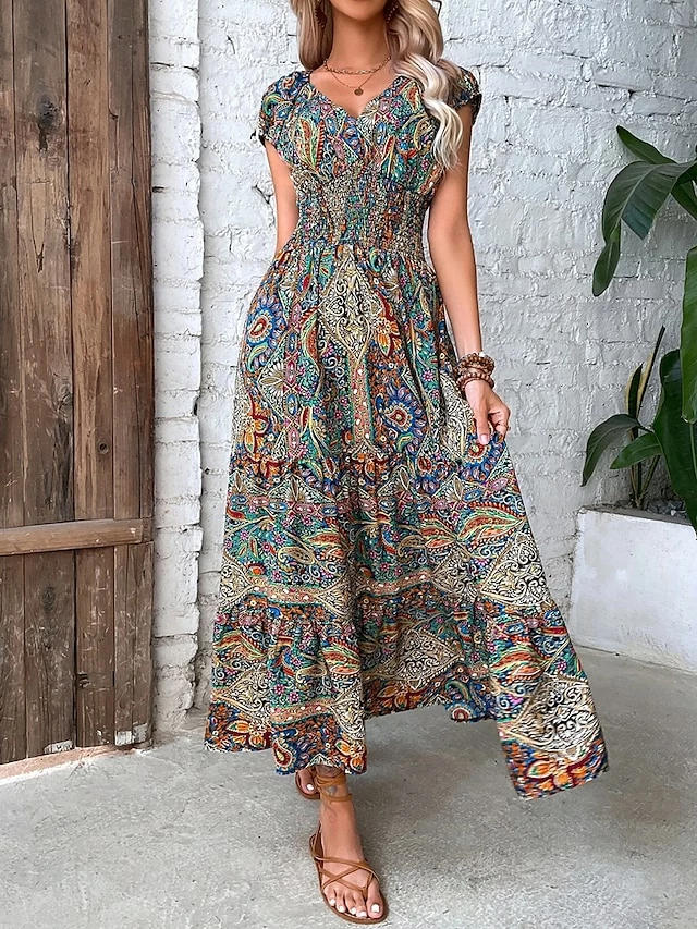 Women's Long Dress Maxi Dress Casual Dress Swing Dress Summer Dress Floral Paisley Tribal Fashion Casual Outdoor Daily Holiday Ruched Print Short Sleeve V Neck Dress Loose Fit Green Red Orange 3 Women's Long Dress Maxi Dress Casual Dress Swing Dress Summer Dress Floral Paisley Tribal Fashion Casual Outdoor Daily Holiday Ruched Print Short Sleeve V Neck Dress Loose Fit Green Red Orange