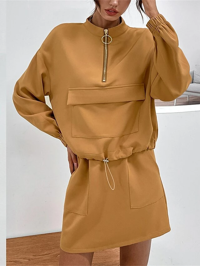 Women's Two Piece Dress Set Casual Dress Skirt Set Outdoor Daily Streetwear Modern Pocket Mini Dress Stand Collar Long Sleeve Plain Loose Fit Khaki Fall Winter S M L XL 4 Women's Two Piece Dress Set Casual Dress Skirt Set Outdoor Daily Streetwear Modern Pocket Mini Dress Stand Collar Long Sleeve Plain Loose Fit Khaki Fall Winter S M L XL - Image 2