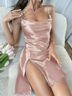 Women's Satin Dress Sheath Dress Mini Dress Cute Luxury Backless Split Solid Color Strap Party Lounge Black Champagne 2023 Summer Spring S M L XL -LIGHTINTHEBOX Shop mgykdq1692771139791