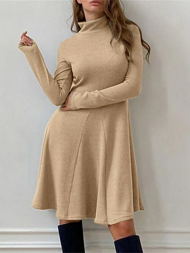Women's Casual Dress Plain Dress Midi Dress Patchwork Outdoor Street Daily Fashion Streetwear Stand Collar Long Sleeve 2023 Slim Black Khaki Gray Color S M L XL XXL Size 5 Women's Casual Dress Plain Dress Midi Dress Patchwork Outdoor Street Daily Fashion Streetwear Stand Collar Long Sleeve 2023 Slim Black Khaki Gray Color S M L XL XXL Size - Image 3
