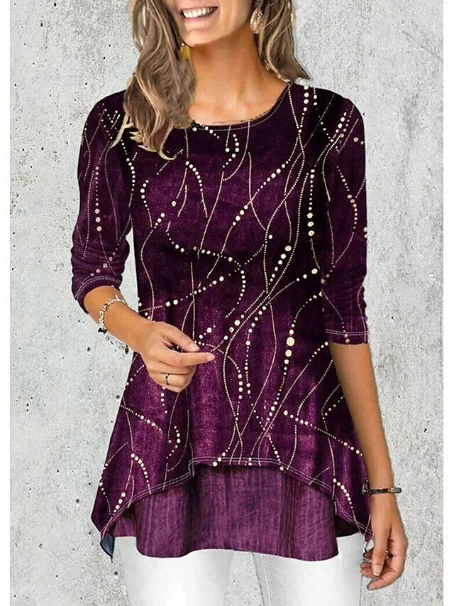 Women's Blouse Wine Blue Purple Graphic Print 3/4 Length Sleeve Daily Going Out Weekend Casual Crew Neck Regular Fit Fall Winter 5 Women's Blouse Wine Blue Purple Graphic Print 3/4 Length Sleeve Daily Going Out Weekend Casual Crew Neck Regular Fit Fall Winter - Image 3