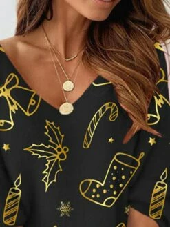 Women's Christmas Sweatshirt Dress Shift Dress Mini Dress Gold 3/4 Length Sleeve Christmas Bell Print Winter Fall Autumn V Neck Fashion Christmas Loose Fit 2022 S M L XL XXL 3XL -LIGHTINTHEBOX Shop mjdylb1667793099507