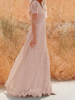 Women's Party Dress Lace Dress White Dress Long Dress Maxi Dress White Pink Half Sleeve Pure Color Lace Summer Spring Fall V Neck Gothic Party Spring Dress 2022 S M L XL XXL -LIGHTINTHEBOX Shop mjgqdd1646820794981