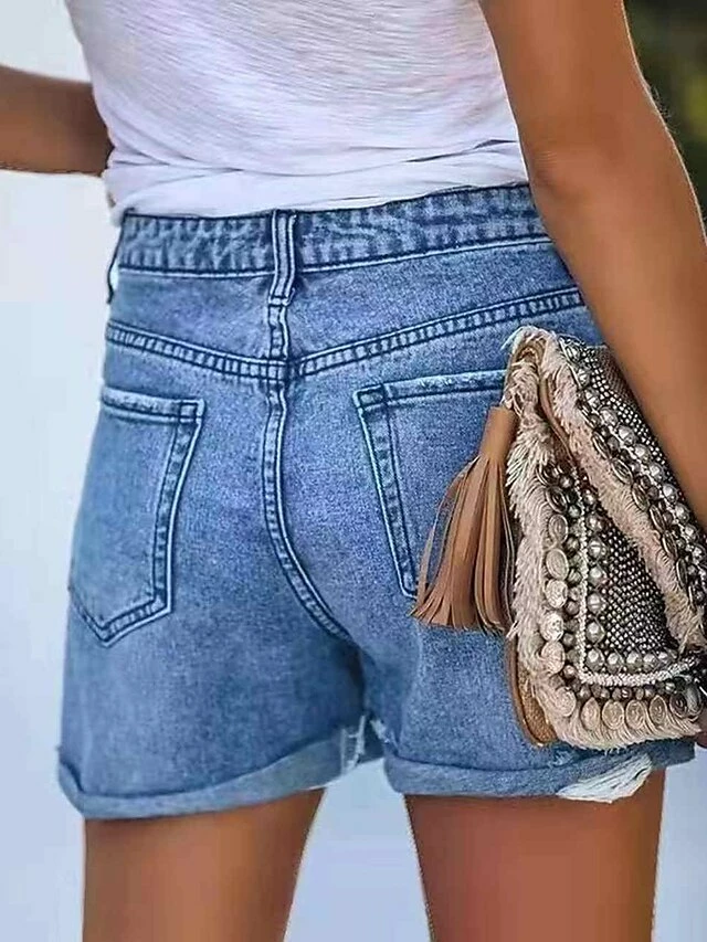 Women's Jeans Shorts Denim Blue Light Blue Mid Waist Fashion Weekend Streetwear Side Pockets Cut Out Micro-elastic Short Comfort Solid Color S M L XL XXL 6 Women's Jeans Shorts Denim Blue Light Blue Mid Waist Fashion Weekend Streetwear Side Pockets Cut Out Micro-elastic Short Comfort Solid Color S M L XL XXL - Image 4