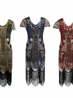 Women's Retro 1920s Fringe Dress Midi Dress Party Holiday Sequins Tassel Fringe Leaf V Neck Short Sleeve Regular Fit Spring Fall 2023 Red Blue S M L XL