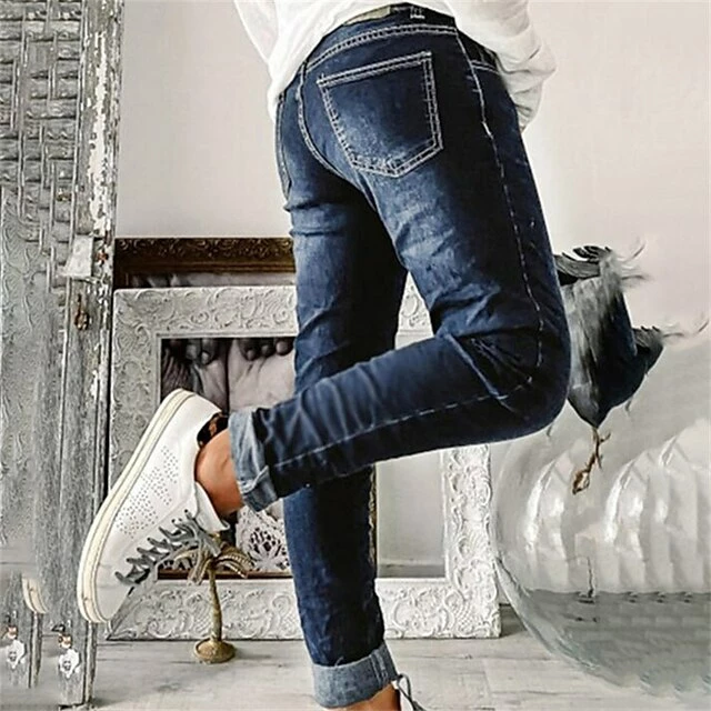 Women's Jeans Pants Trousers Ankle-Length Cotton Blend Pocket Micro-elastic High Waist Basic Classic Casual Streetwear Dark Blue S M Spring, Fall, Winter, Summer 4 Women's Jeans Pants Trousers Ankle-Length Cotton Blend Pocket Micro-elastic High Waist Basic Classic Casual Streetwear Dark Blue S M Spring, Fall, Winter, Summer - Image 2