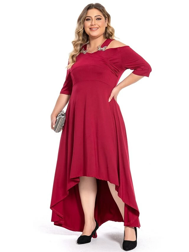 Women‘s Plus Size Curve Party Dress Swing Dress Formal Dress Solid Color Midi Dress Half Sleeve Hollow Out Plus High Low V Neck Elegant Party Black White Summer Spring L XL XXL 3XL 4XL 5 Women‘s Plus Size Curve Party Dress Swing Dress Formal Dress Solid Color Midi Dress Half Sleeve Hollow Out Plus High Low V Neck Elegant Party Black White Summer Spring L XL XXL 3XL 4XL - Image 3