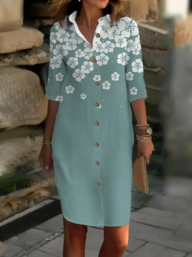 Women's Shirt Dress Casual Dress Cotton Linen Dress Midi Dress Polyester Fashion Casual Daily Outdoor Daily Vacation Shirt Collar Button Print 3/4 Length Sleeve Summer Spring Fall 2023 Loose Fit 6 Women's Shirt Dress Casual Dress Cotton Linen Dress Midi Dress Polyester Fashion Casual Daily Outdoor Daily Vacation Shirt Collar Button Print 3/4 Length Sleeve Summer Spring Fall 2023 Loose Fit - Image 4