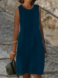 Women's Casual Dress Cotton Dress Shift Dress Midi Dress Cotton Blend Fashion Basic Outdoor Daily Vacation U Neck Pocket Sleeveless Summer Spring Fall 2023 Loose Fit Light Blue Black White Plain S M -LIGHTINTHEBOX Shop mminjd1683783830560