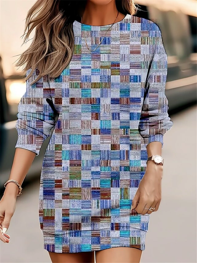 Women's Casual Dress Sweatshirt Dress Mini Dress Warm Fashion Outdoor Holiday Vacation Crew Neck Print Geometric Loose Fit Yellow Blue Purple S M L XL XXL 4 Women's Casual Dress Sweatshirt Dress Mini Dress Warm Fashion Outdoor Holiday Vacation Crew Neck Print Geometric Loose Fit Yellow Blue Purple S M L XL XXL - Image 2