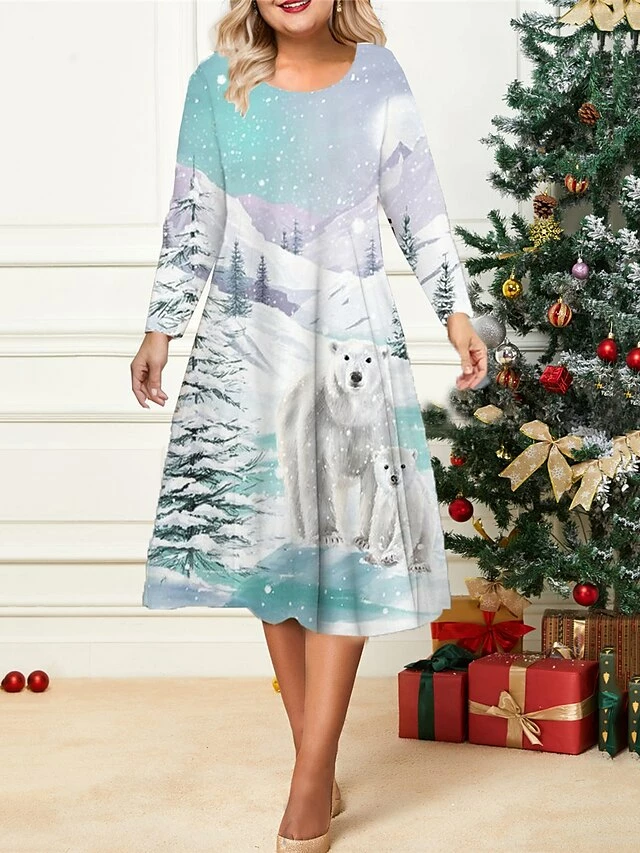 Women's Christmas Plus Size Curve Casual Dress Skater Dress A Line Dress Animal Christmas Tree Midi Dress Long Sleeve Print Crew Neck Fashion Outdoor White Blue Fall Winter L XL XXL 3XL 4XL 5 Women's Christmas Plus Size Curve Casual Dress Skater Dress A Line Dress Animal Christmas Tree Midi Dress Long Sleeve Print Crew Neck Fashion Outdoor White Blue Fall Winter L XL XXL 3XL 4XL - Image 3