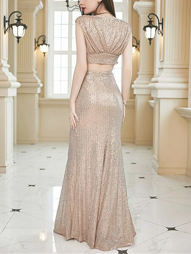 Women's Two Piece Dress Set Party Dress Skirt Set Party Wedding Guest Fashion Elegant Sequin Long Dress Maxi Dress Crew Neck Sleeveless Plain Regular Fit Apricot Summer Spring S M L XL 4 Women's Two Piece Dress Set Party Dress Skirt Set Party Wedding Guest Fashion Elegant Sequin Long Dress Maxi Dress Crew Neck Sleeveless Plain Regular Fit Apricot Summer Spring S M L XL - Image 2