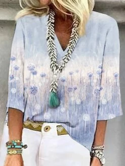 Women's Shirt Blouse Pink Blue Green Floral Print 3/4 Length Sleeve Casual Holiday Daily Basic V Neck Regular Fit Floral Fall & Winter