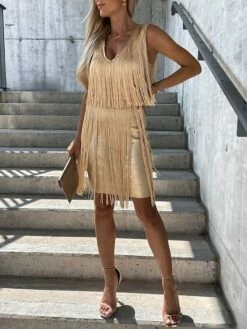Women's Party Dress Fringe Dress Homecoming Dress Mini Dress Silver Black Gold Sleeveless Pure Color Tassel Fringe Fall Winter Autumn Spaghetti Strap Fashion Vacation 2023 S M L XL -LIGHTINTHEBOX Shop mnngyb1694166357221