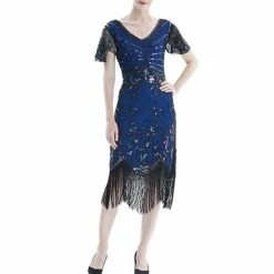 Women's Retro 1920s Fringe Dress Midi Dress Party Halloween Sequins Tassel Fringe Floral V Neck Short Sleeve Regular Fit Spring Fall 2023 Black Red S M L XL -LIGHTINTHEBOX Shop mnyqed1692849726133