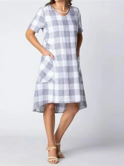 Women's Casual Dress Cotton Linen Dress Shift Dress Midi Dress Cotton Blend Basic Classic Outdoor Daily Vacation V Neck Pocket Print Short Sleeve Summer Spring 2023 Loose Fit Pink Gray Plaid S M L XL -LIGHTINTHEBOX Shop moiqmt1686304038391