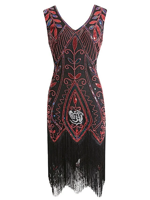 Women's Retro 1920s Fringe Dress Midi Dress Party Halloween Sequins Tassel Fringe Leaf V Neck Sleeveless Regular Fit Spring Fall 2023 Black Wine S M L XL 9 Women's Retro 1920s Fringe Dress Midi Dress Party Halloween Sequins Tassel Fringe Leaf V Neck Sleeveless Regular Fit Spring Fall 2023 Black Wine S M L XL - Image 7