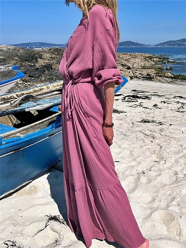 Women's Casual Dress Cotton Linen Dress Wrap Dress Maxi Long Dress Polyester Fashion Classic Outdoor Daily Holiday V Neck Ruffle Cut Out Long Sleeve Summer Spring Fall 2023 Loose Fit Brown Green Rose 7 Women's Casual Dress Cotton Linen Dress Wrap Dress Maxi Long Dress Polyester Fashion Classic Outdoor Daily Holiday V Neck Ruffle Cut Out Long Sleeve Summer Spring Fall 2023 Loose Fit Brown Green Rose - Image 5