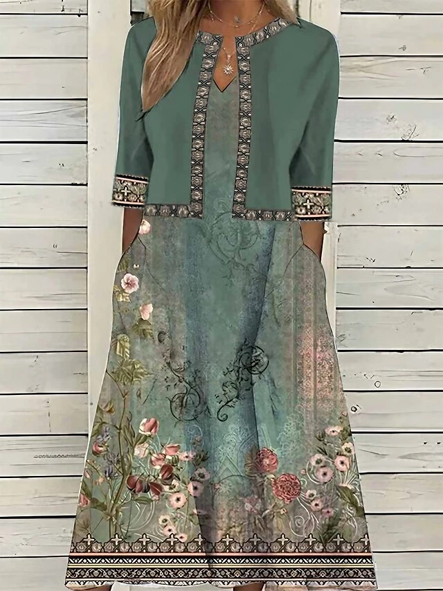 Women's Two Piece Dress Set Casual Dress Print Dress Outdoor Daily Vintage Elegant Pocket Print Midi Dress V Neck Half Sleeve Floral Regular Fit Green Summer Spring S M L XL XXL 3 Women's Two Piece Dress Set Casual Dress Print Dress Outdoor Daily Vintage Elegant Pocket Print Midi Dress V Neck Half Sleeve Floral Regular Fit Green Summer Spring S M L XL XXL