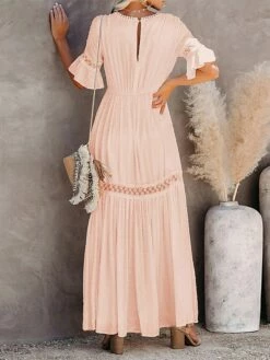 Women's Long Dress Maxi Dress Party Dress Casual Dress Sundress Pure Color Basic Casual Outdoor Daily Vacation Lace Patchwork Half Sleeve V Neck Dress Loose Fit White Summer Spring S M L XL XXL -LIGHTINTHEBOX Shop mpqbbp1678356598423