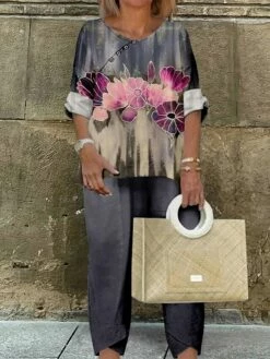 Women's Shirt Pants Sets Gray Floral Print Casual Daily Daily Basic Round Neck Regular Fit Fall & Winter